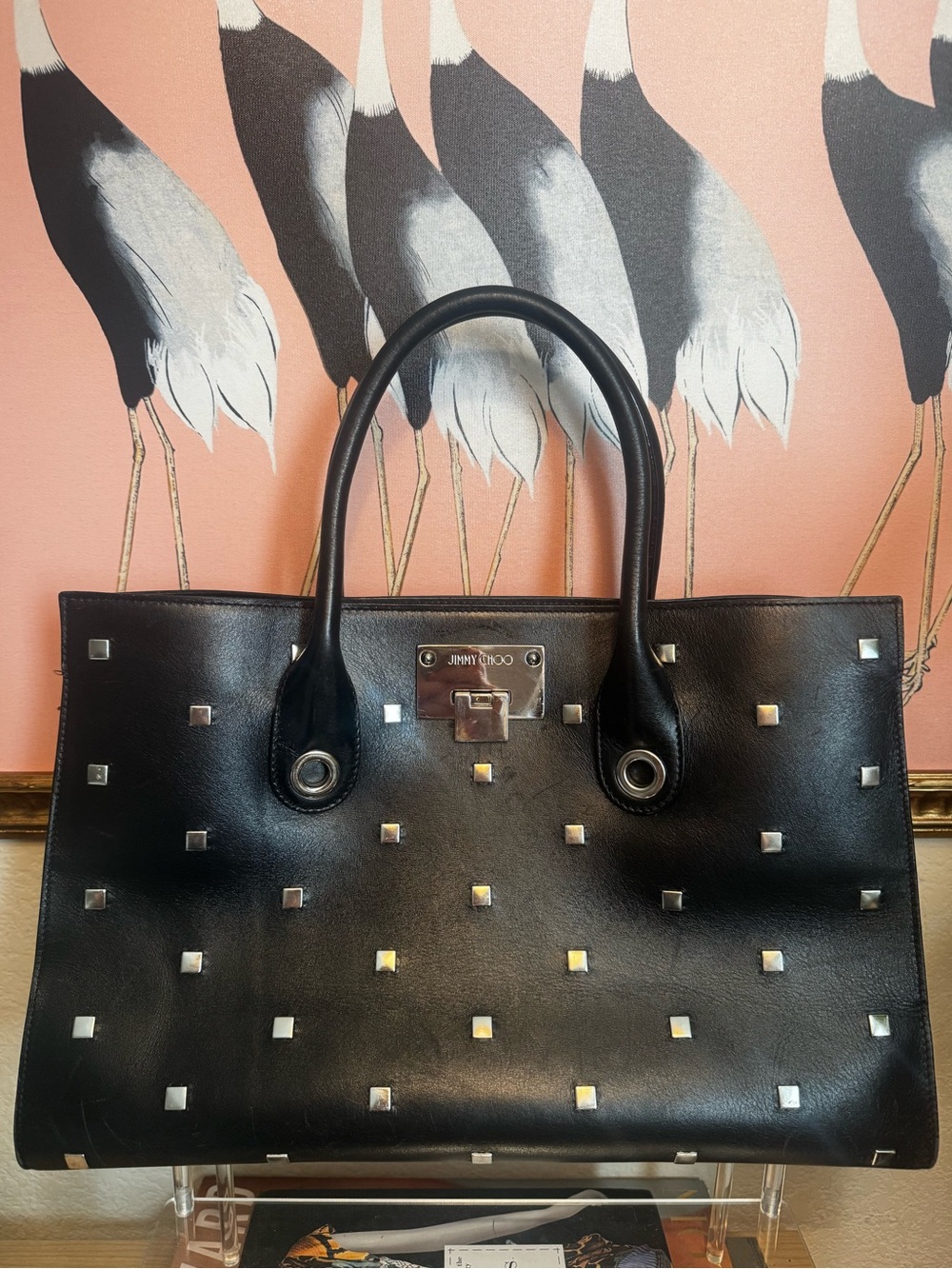 Jimmy Choo Black Studded Leather Tote Silver Hardware Structured Bag